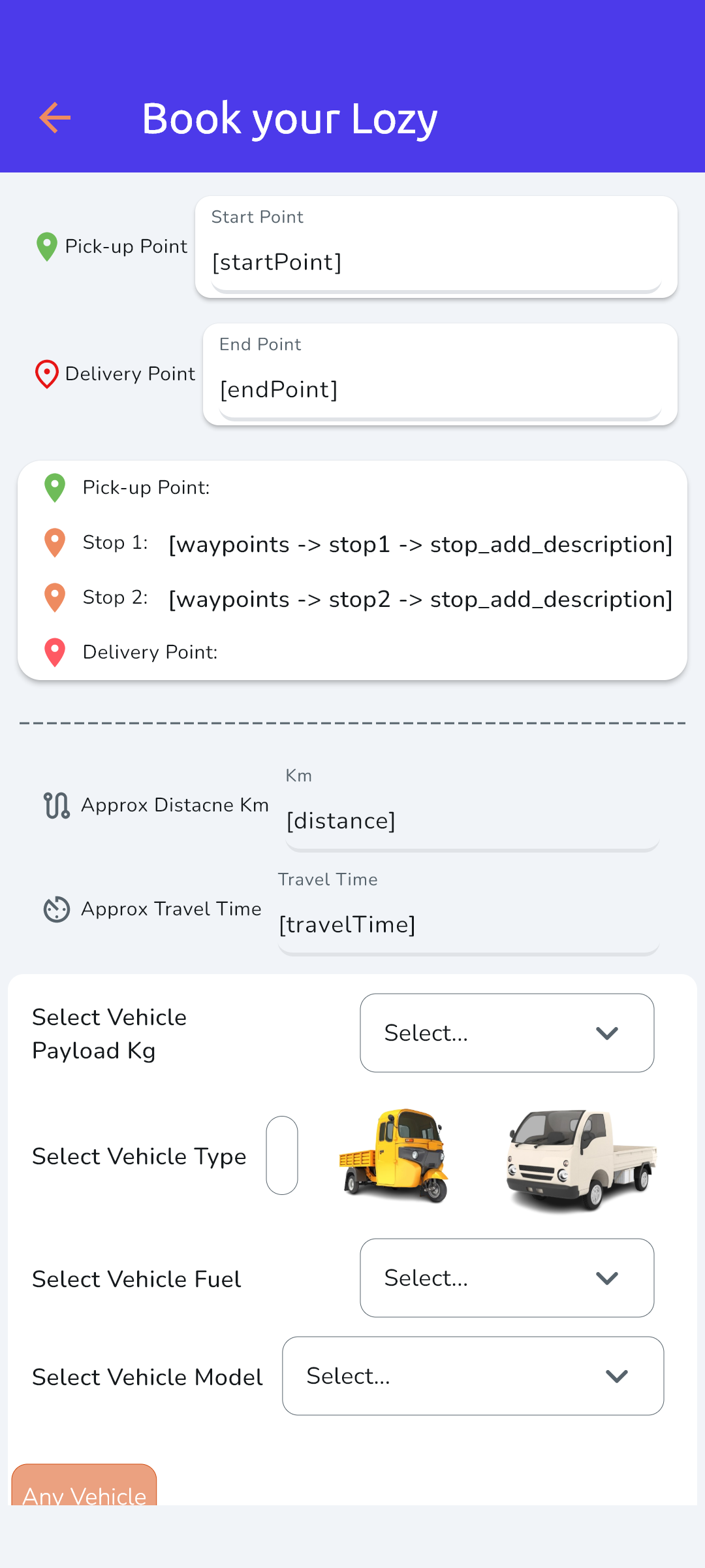 Lozy app screen — booking